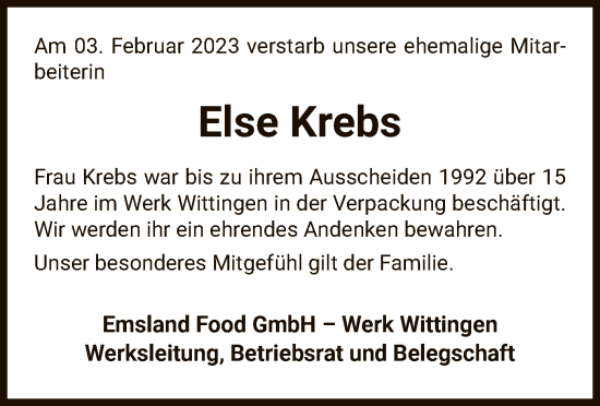 Traueranzeige von Else Krebs von UEL