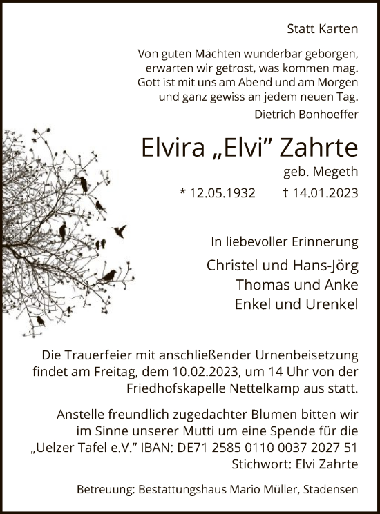 Traueranzeige von Elvira Zahrte von UEL