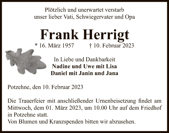 Traueranzeige von Frank Herrigt von UEL