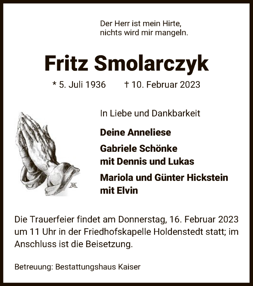  Traueranzeige für Fritz Smolarczyk vom 14.02.2023 aus UEL