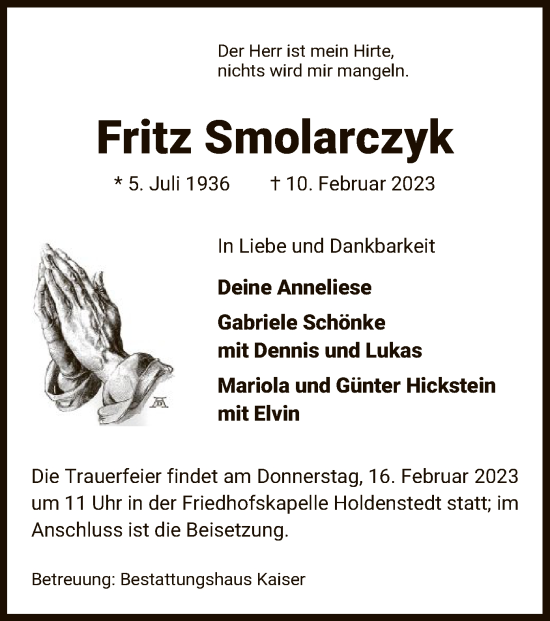 Traueranzeige von Fritz Smolarczyk von UEL