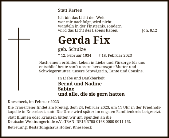 Traueranzeige von Gerda Fix von UEL