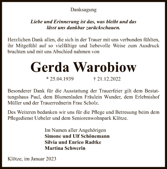 Traueranzeige von Gerda Warobiow von UEL