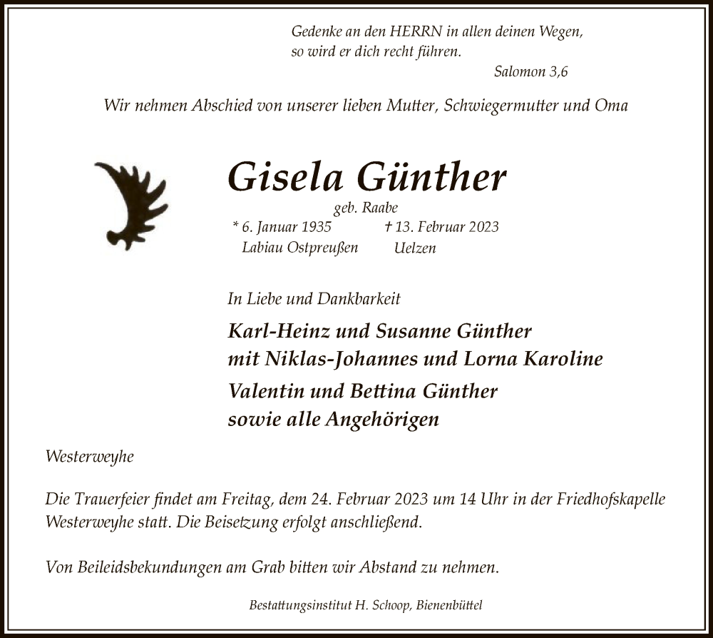  Traueranzeige für Gisela Günther vom 18.02.2023 aus UEL