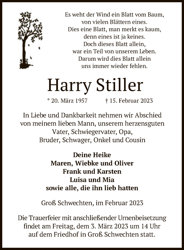  Traueranzeige für Harry Stiller vom 18.02.2023 aus UEL