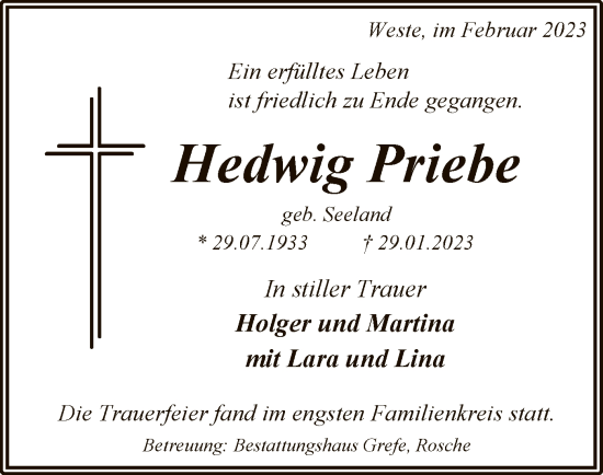 Traueranzeige von Hedwig Priebe von UEL