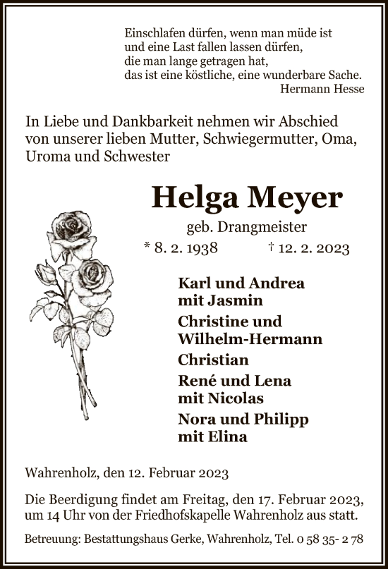 Traueranzeige von Helga Meyer von UEL