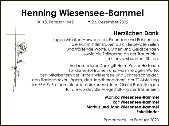 Traueranzeige von Henning Wiesensee-Bammel von UEL