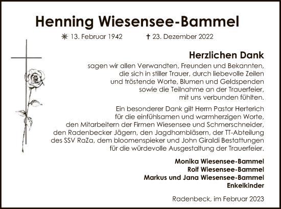 Traueranzeige von Henning Wiesensee-Bammel von UEL