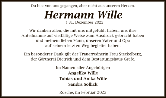 Traueranzeige von Hermann Wille von UEL