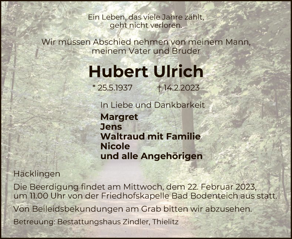  Traueranzeige für Hubert Ulrich vom 18.02.2023 aus UEL