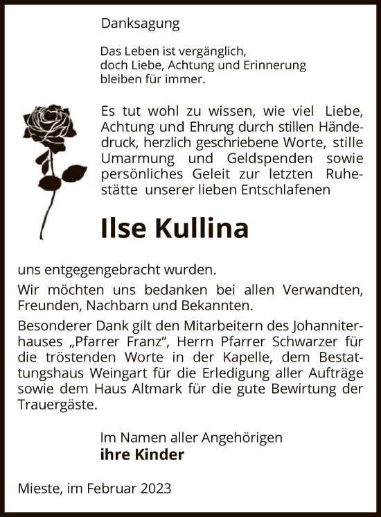 Traueranzeige von Ilse Kullina von UEL