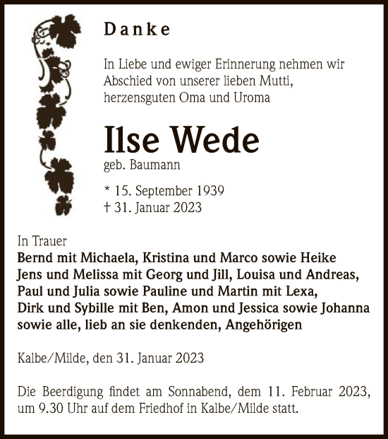 Traueranzeige von Ilse Wede von UEL