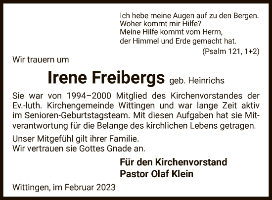 Traueranzeige von Irene Freibergs von UEL