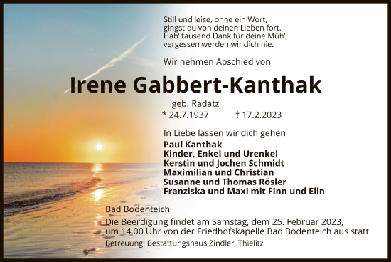 Traueranzeige von Irene Gabbert-Kanthak von UEL