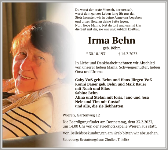 Traueranzeige von Irma Behn von UEL