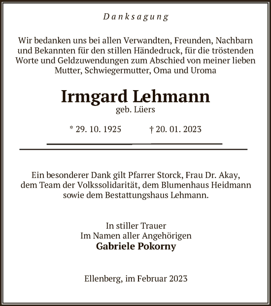 Traueranzeige von Irmgard Lehmann von UEL