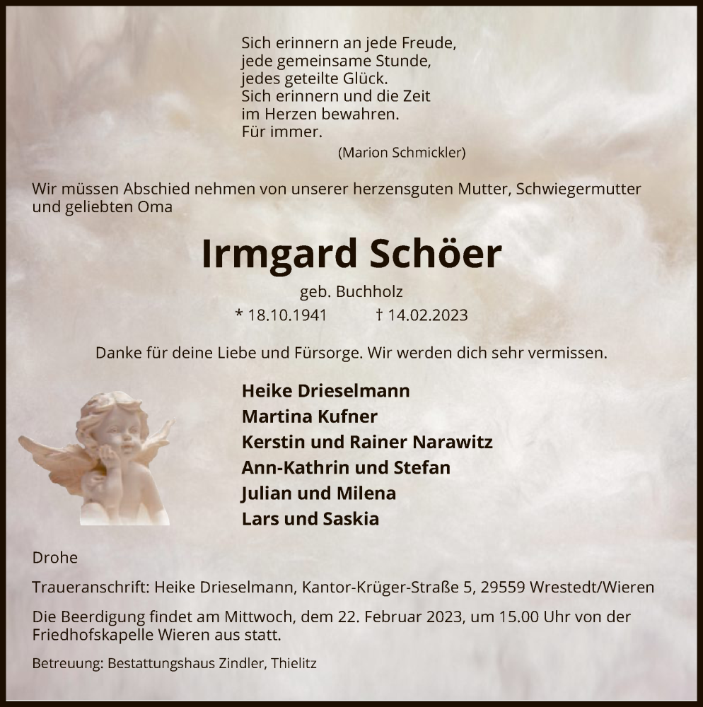  Traueranzeige für Irmgard Schöer vom 18.02.2023 aus UEL