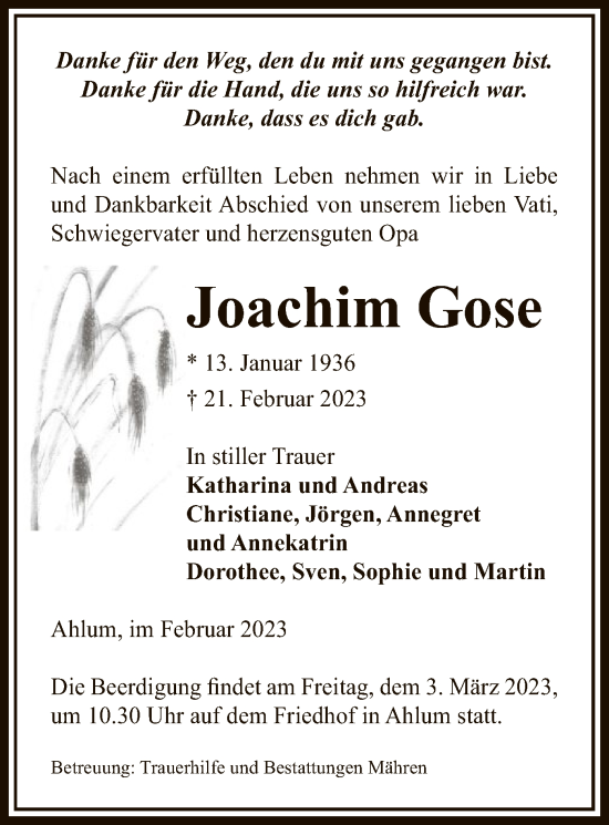 Traueranzeige von Joachim Gose von UEL