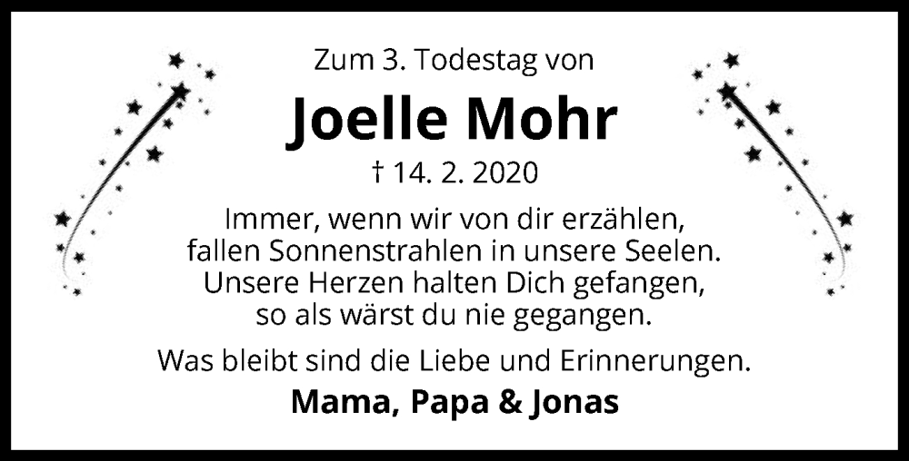  Traueranzeige für Joelle Mohr vom 14.02.2023 aus UEL