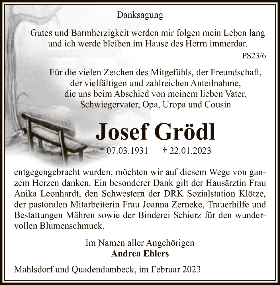  Traueranzeige für Josef Grödl vom 23.02.2023 aus UEL