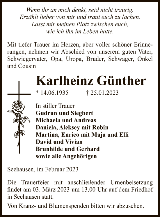 Traueranzeige von Karlheinz Günther von UEL