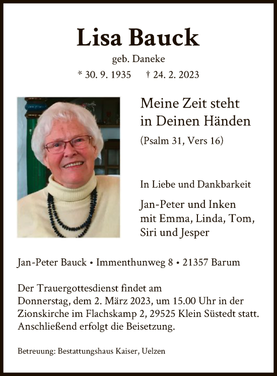 Traueranzeige von Lisa Bauck von UEL