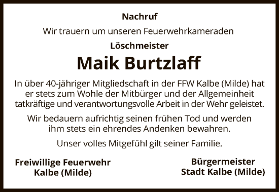 Traueranzeige von Maik Burtzlaff von UEL