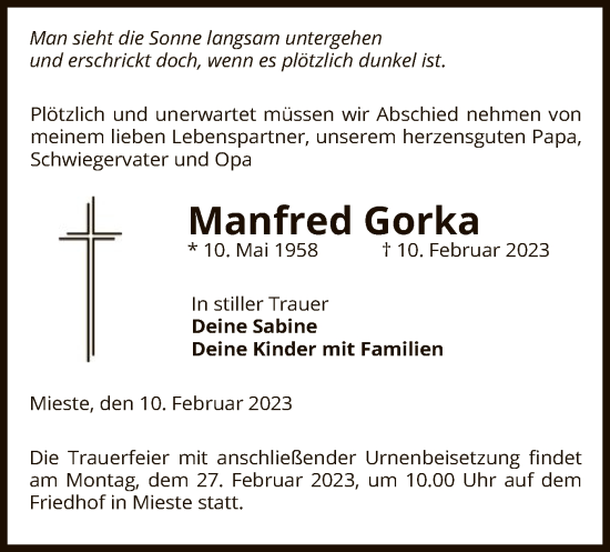 Traueranzeige von Manfred Gorka von UEL