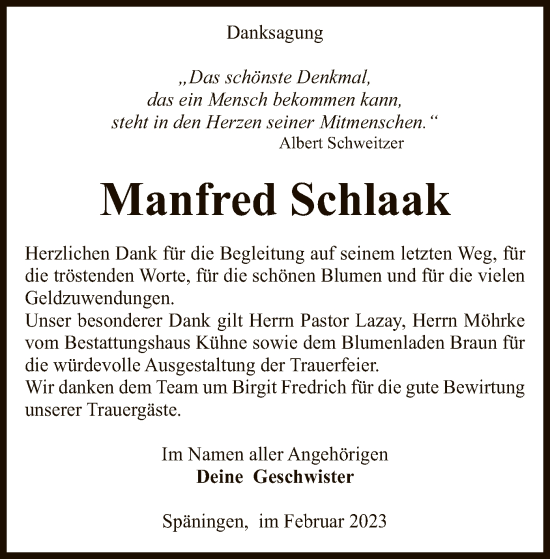 Traueranzeige von Manfred Schlaak von UEL