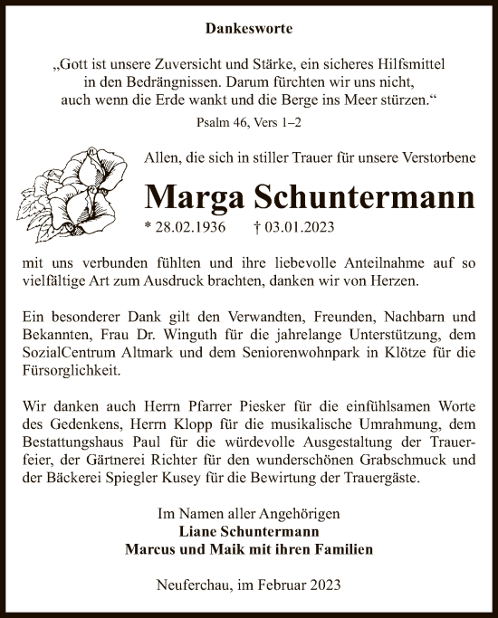 Traueranzeige von Marga Schuntermann von UEL