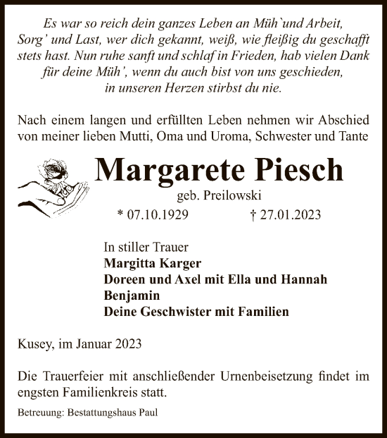 Traueranzeige von Margarete Piesch von UEL