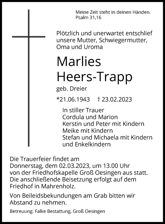 Traueranzeige von Marlies Heers-Trapp von UEL