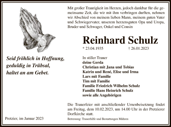 Traueranzeige von Reinhard Schulz von UEL