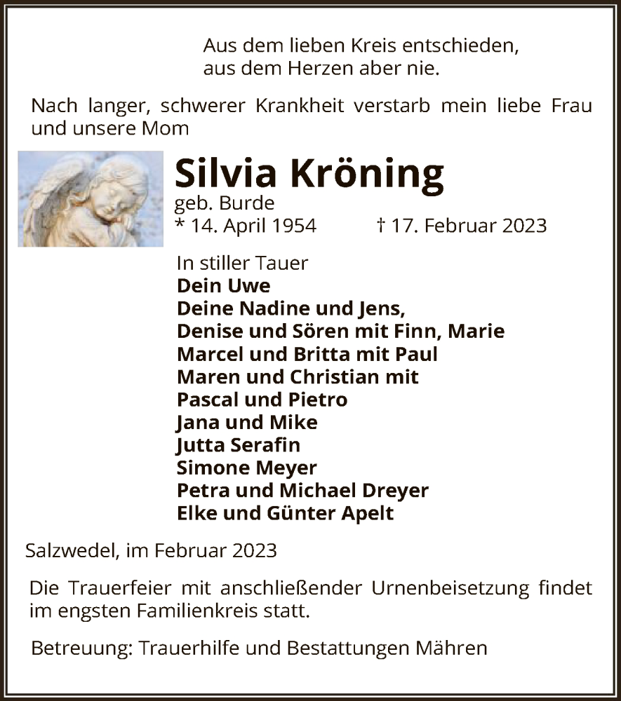  Traueranzeige für Silvia Kröning vom 21.02.2023 aus UEL