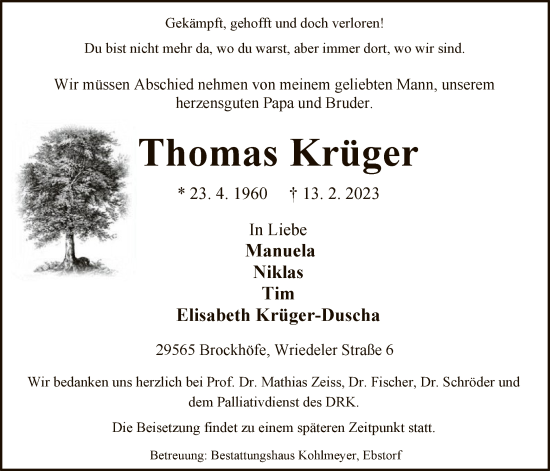 Traueranzeige von Thomas Krüger von UEL