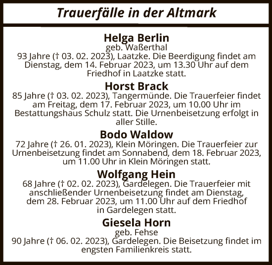 Traueranzeige von Totentafel vom 11.02.2023 von UEL