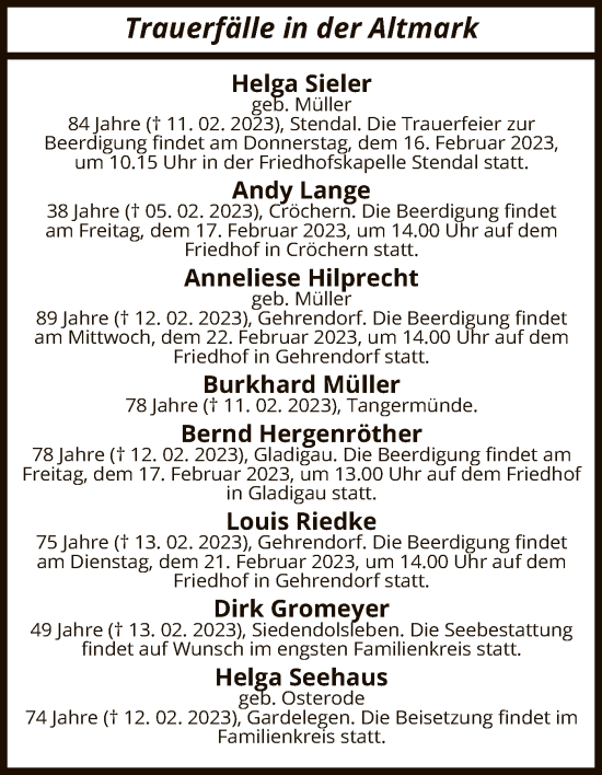 Traueranzeige von Totentafel vom 16.02.2023 von UEL