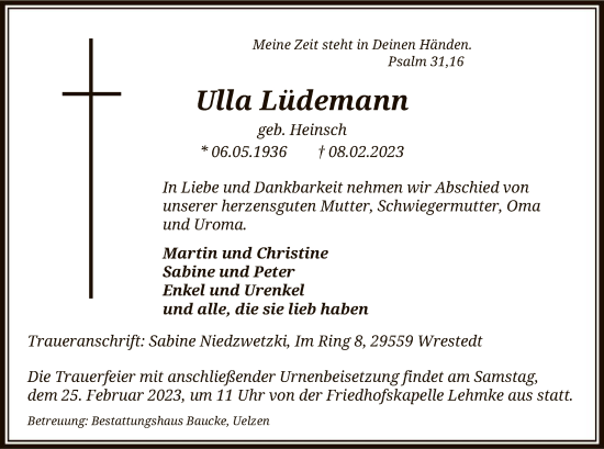 Traueranzeige von Ulla Lüdemann von UEL