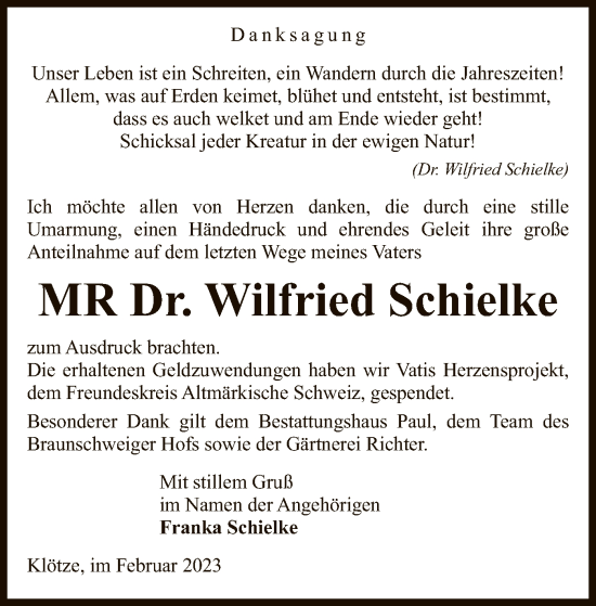 Traueranzeige von Wilfried Schielke von UEL