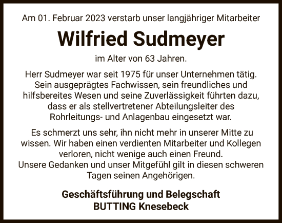 Traueranzeige von Wilfried Sudmeyer von UEL