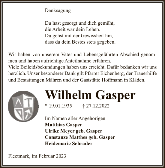 Traueranzeige von Wilhelm Gasper von UEL