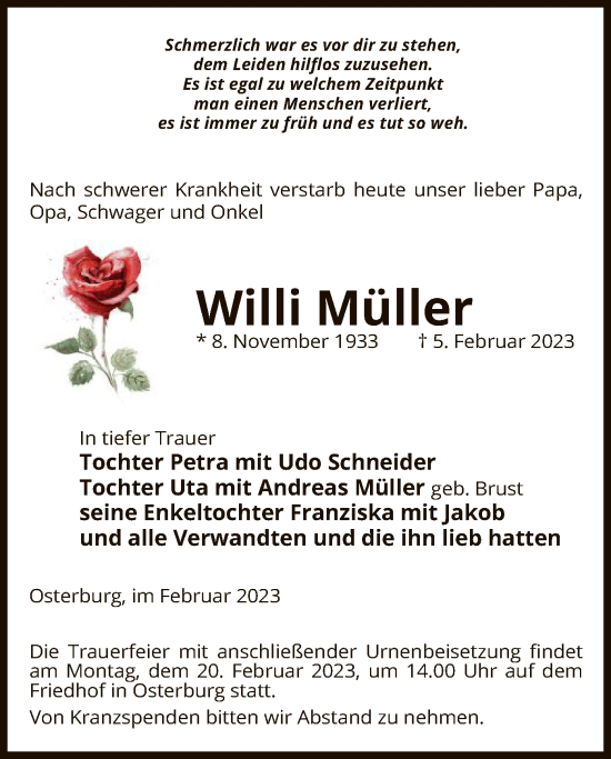 Traueranzeige von Willi Müller von UEL