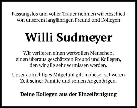 Traueranzeige von Willi Sudmeyer von UEL