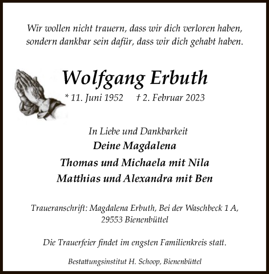 Todesanzeige von Wolfgang Erbuth von UEL