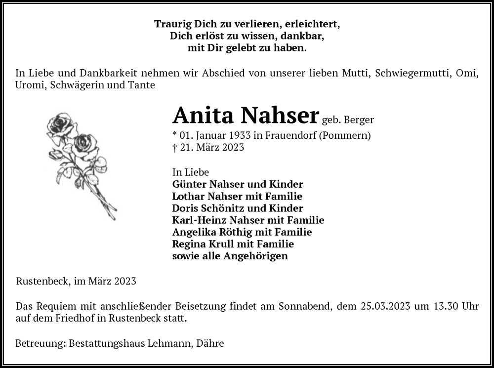  Traueranzeige für Anita Nahser vom 23.03.2023 aus UEL