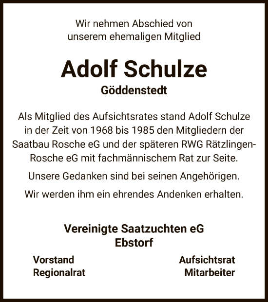 Traueranzeige von Adolf Schulze von UEL