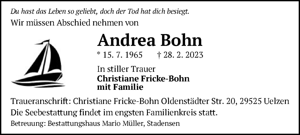  Traueranzeige für Andrea Bohn vom 11.03.2023 aus UEL