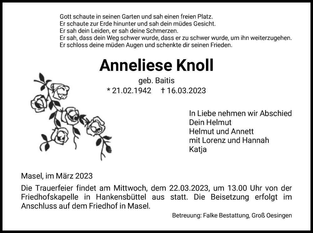  Traueranzeige für Anneliese Knoll vom 18.03.2023 aus UEL