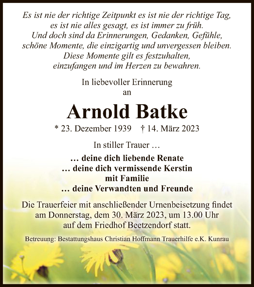  Traueranzeige für Arnold Batke vom 18.03.2023 aus UEL